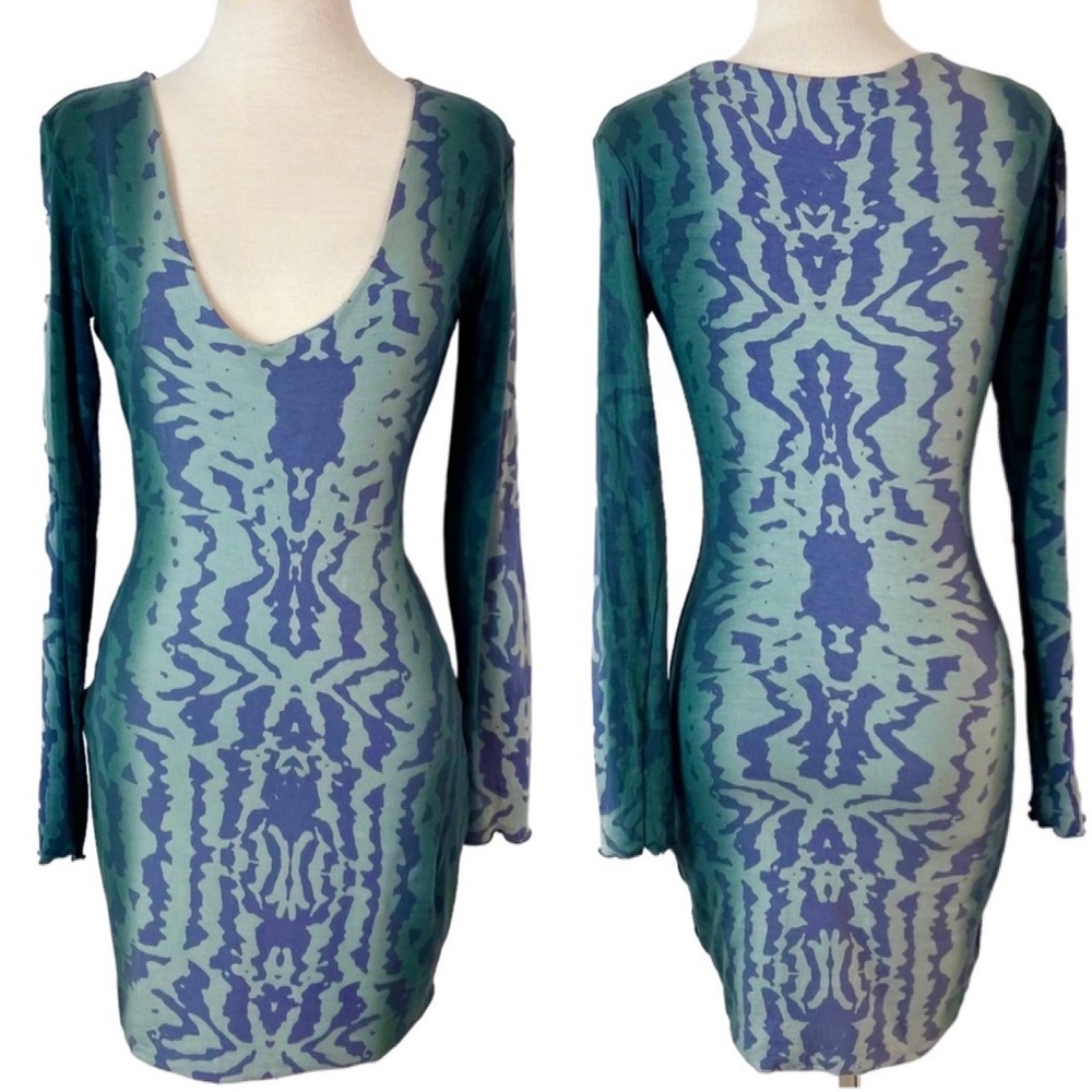 Indah Teal and Blue Abstract-Pattern Long Sleeve Mini Dress